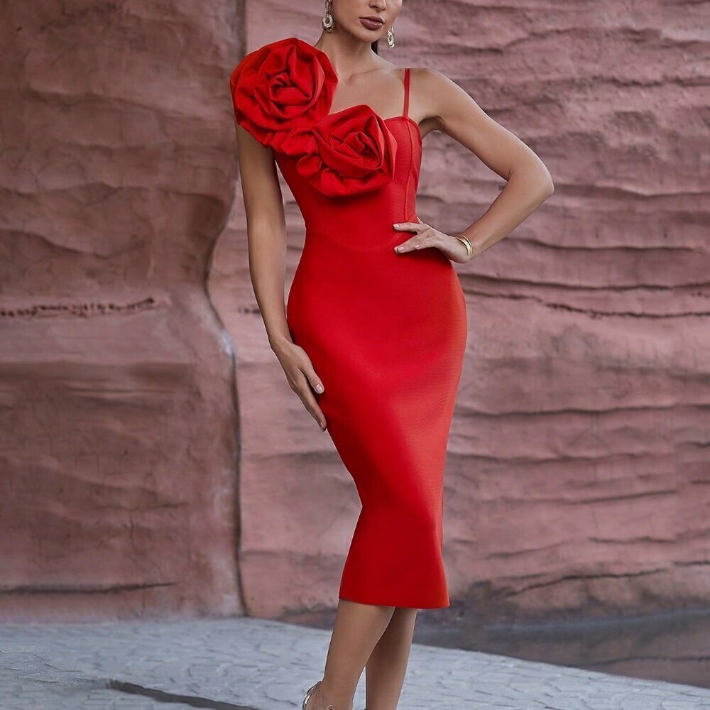 Red Women's Floral Sculptural bodycon Bandage Party midi Dress